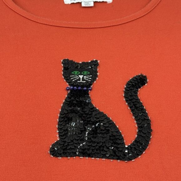 Vtg Halloween Sequin Black Cat Long Sleeve Top XL Petite Orange Kitschy Grandma - Picture 2 of 8